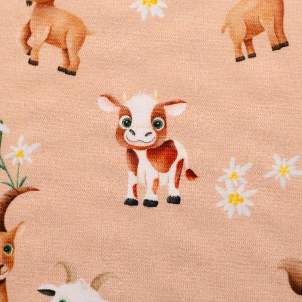 Baumwolljersey Alpenliebe Tiere auf Lachs by Swafing von Mrs. Mint Design